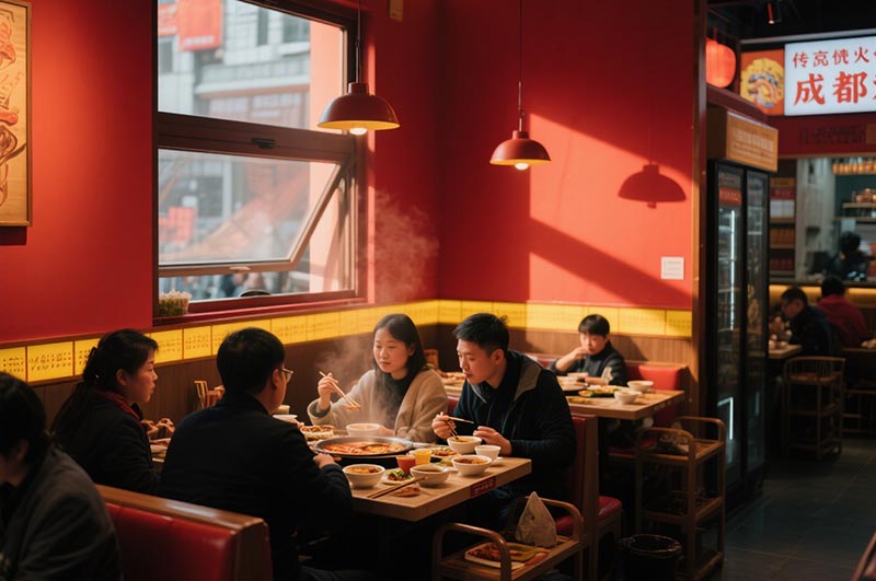 以紅、黃二色為例的川味火鍋店裝修效果圖