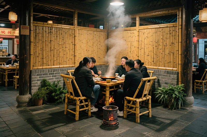 采用竹、木、青磚等傳統(tǒng)材質(zhì)的火鍋店裝修效果圖